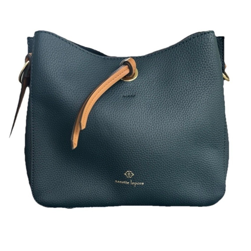 Nanette Lepore Lorella Navy Bucket Crossbody Bag Pebbled Faux Leather Hobo